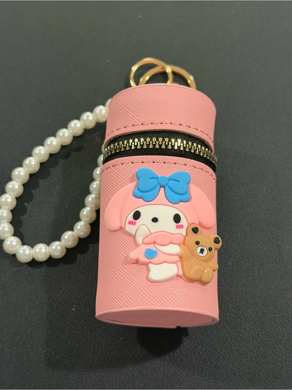 Pink Kids Keychain Lip Balm Case with Pearl Strap